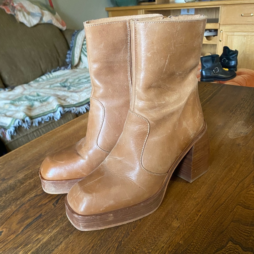 Free People Tan Leather Block Heel Midi Boots